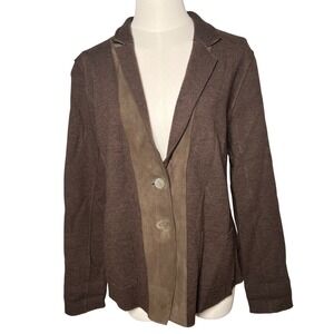 Eileen Fisher Merino Wool Lamb Leather Trim Brown Quiet Luxury Blazer Jacket L